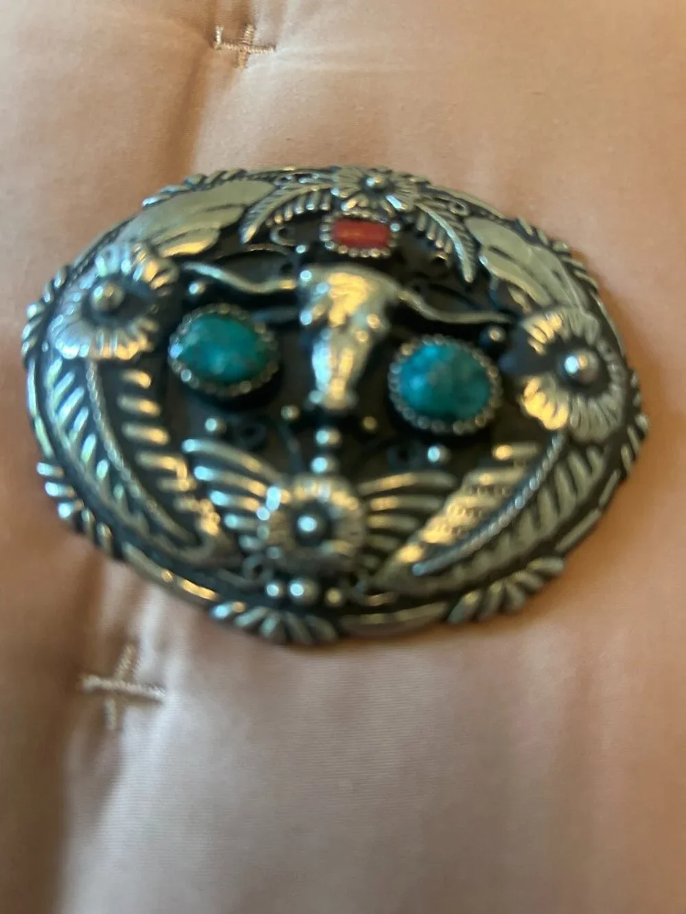Western Ramshorn buckle hammered metal with Turquoise and Coral stones